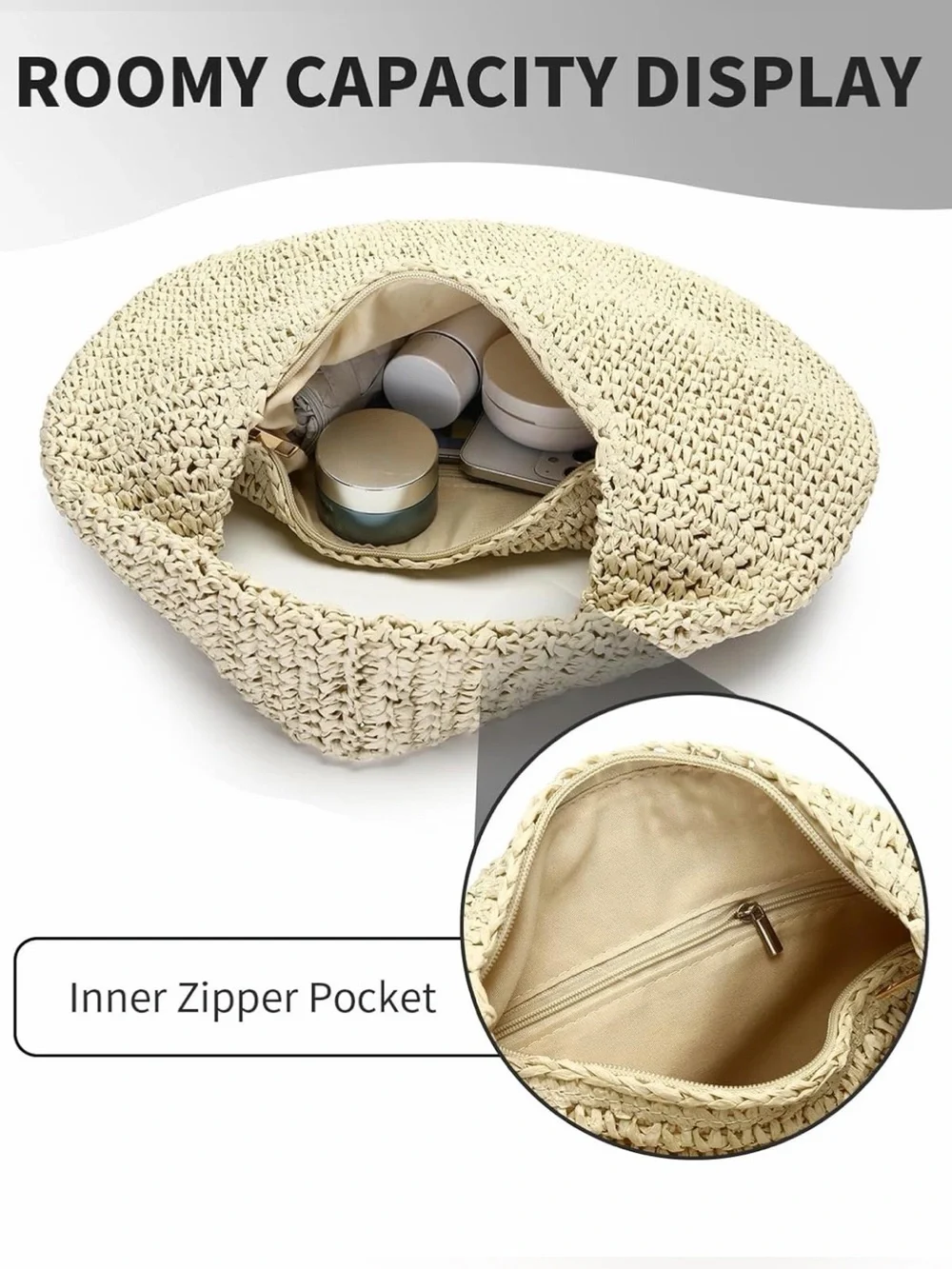 Woven Raffia Hobo Shoulder Bag - Half Moon Design Lightweight Zipper Closure